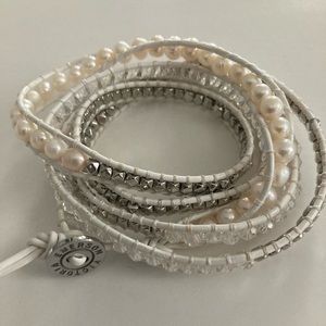 Victoria Emerson Freshwater Pearl & Silver Beaded Wrap Bracelet on White Leather